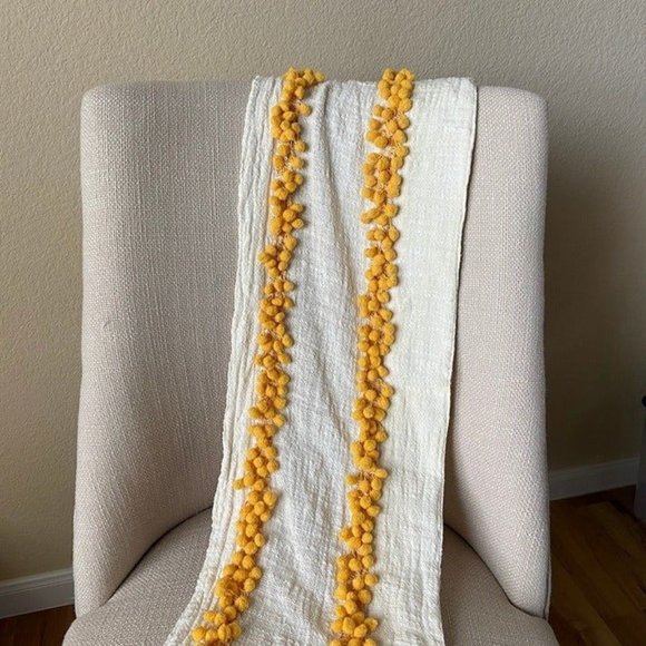 Yellow Pom Pom Table Kitchen Runner Cotton Blend Boho Bohemian Cream 50'' x 13'' - Picture 1 of 8